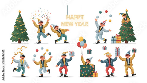 Joyful New Year Celebration: festive scene of new year celebrations, featuring figures in party hats and confetti, juggling, and sharing gifts.