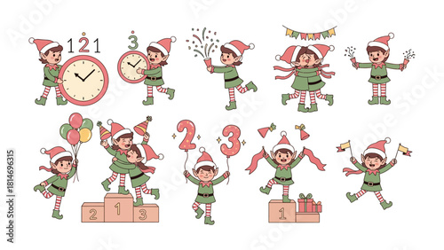 Festive Elf Set: A collection of charming cartoon elves in various celebratory poses and actions, set against a cheerful backdrop of celebratory elements and symbols.