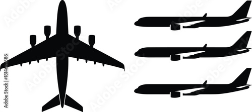 Airplane silhouette set, commercial jet icons, aviation symbols, black aircraft shapes for travel design, transport graphics, flight illustration elements