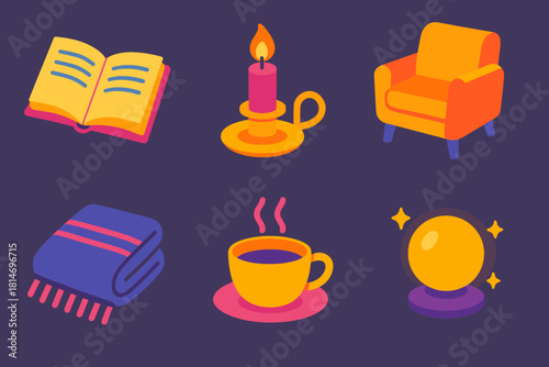 Evening Calm Essentials. Evening Calm flat icons set. open novel, candle holder, armchair, wool blanket, tea cup, peaceful glow