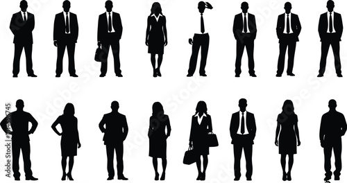 Business silhouettes of professional men and women standing in various corporate poses, ideal for office, teamwork, leadership, diversity, workforce themes