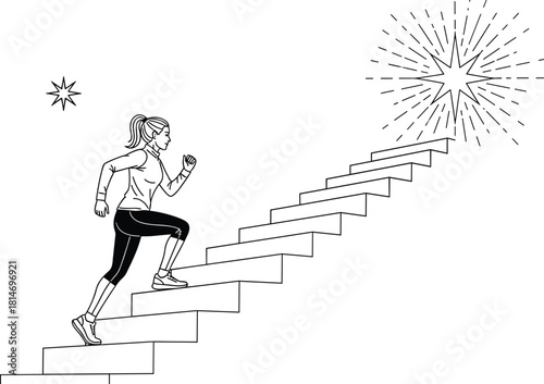 Motivated woman running up stairs toward bright goal, symbolizing progress, success, determination, fitness journey, motivation, achievement, personal growth, ambition