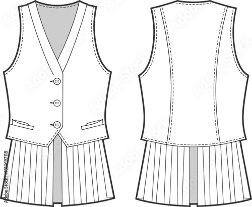 Fashion flat sketch vest dress design, pleated skirt technical drawing, sleeveless tailored garment template, clothing outline for apparel designers, pattern illustration