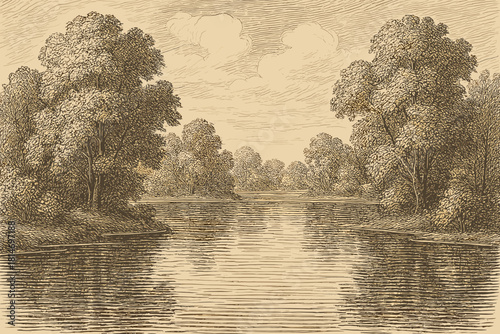 Tranquil Lake Reflection. Serene lake surrounded by lush trees, with reflections mirrored on the water’s surface. The scene is framed by soft clouds in the sky,. Vector illustration