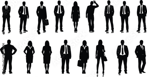 Professional business silhouettes of diverse corporate men and women standing in various poses for modern office and branding design projects