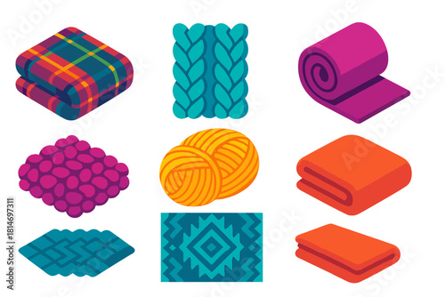 Colorful Fabric Icons. Winter Fabric Weaves flat icons set. woolen plaid, braided cable knit, twill weave, fleece roll, yarn skein, wool texture, textile pattern, folded blanket
