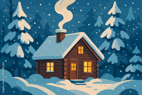 Cozy Winter Cabin. Cozy winter cabin nestled among snow-laden trees. The cabin's warm glow contrasts with the cool blues and whites of the snowy landscape. Smoke. Vector illustration
