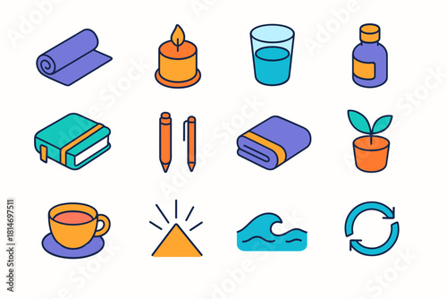 Mindful Renewal Icons. Mindful Renewal flat icons set. yoga mat, candle, water glass, essential oil bottle, journal, pen, soft towel, potted plant, tea cup, light beam, calm wave