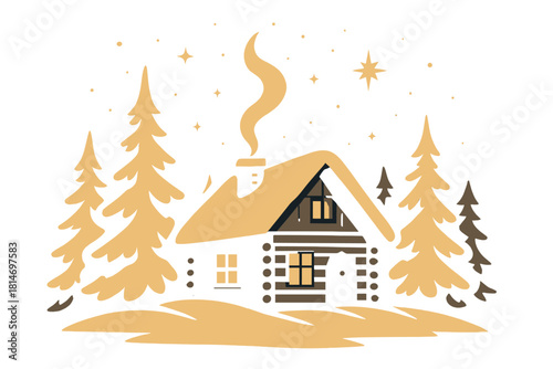 Cozy Winter Cabin. Cozy cabin nestled among snow-covered trees, with smoke gently rising from the chimney. The cabin is the central focus, surrounded by a tranquil,. Vector illustration