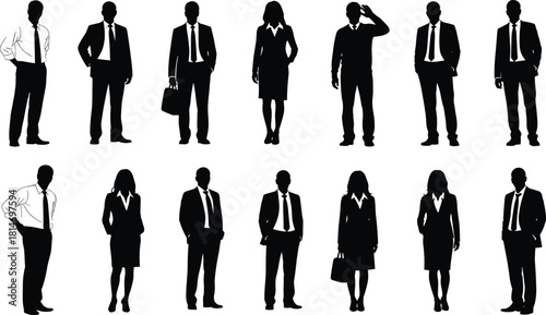 Silhouette business professionals standing in various poses, corporate teamwork concept, diverse office workers, formal attire people icons for business design projects