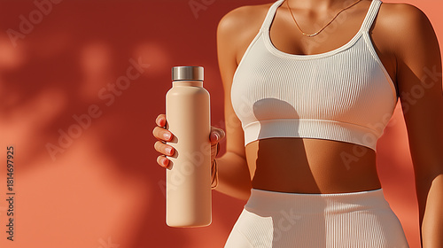 Fitness woman in sportswear holding water bottle on orange background
