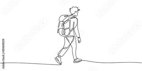 a traveler with a backpack walking forward, symbolizing journey, adventure, exploration, and an active outdoor lifestyle.