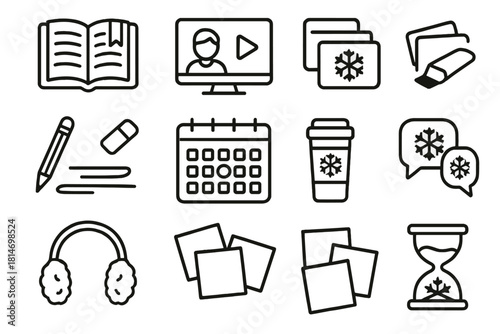 Winter Study Essentials. Winter study and exam planner set linear icon set. open textbook with bookmark, pencil and eraser, lecture video play button on screen, flashcards stack