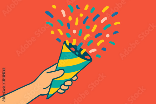 Confetti Explosion Celebration. Cone full of colorful confetti is held aloft, ready to be tossed into the air. The confetti cascades down in a burst of color against. Vector illustration