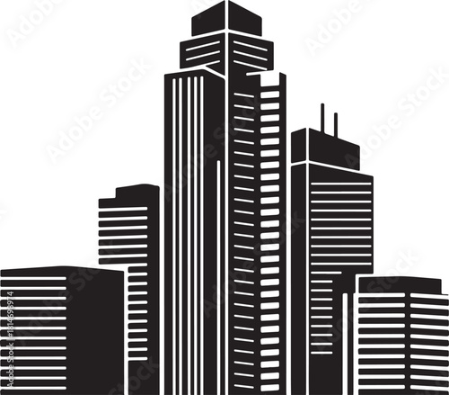 Black silhouette of a cluster of modern skyscrapers of varying heights city skyline