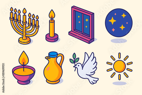 Hanukkah Icon Set. Holy Hanukkah Glow flat icons set. menorah flames, candlelight, night window, starry sky, flame reflection, oil jug, peace dove, warmth