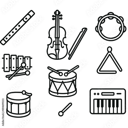 Instruments Outline Icons. Charming instruments concept linear icon set: flute, violin, guitar, tambourine, xylophone, drum, triangle, keyboard , light and friendly aesthetic