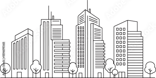 City Skyline Line Art with Trees whisk illustration