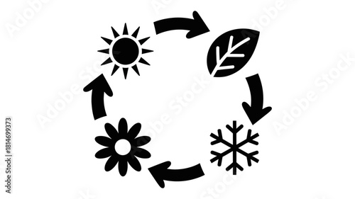 Iconic representation of the four seasons cycle, depicting summer with a sun, autumn with a leaf, winter with a snowflake, and spring with a flower, all connected by circular arrows