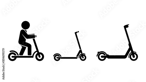 Electric scooter icons a person riding an escooter and two models, urban mobility, ecofriendly, isolated on