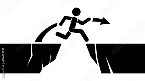 Stick figure person leaping across a gap, symbolizing overcoming obstacles, challenge, and progress, isolated on