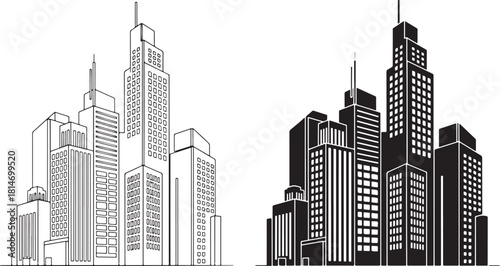 Cityscape Skyline Silhouettes in Black and White Outline and Solid Fill Keywords: city