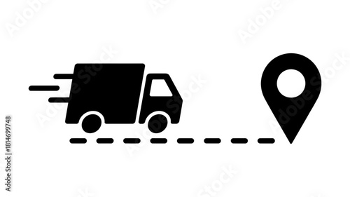 Fast delivery truck icon with a dashed line path leading to a location pin, symbolizing quick shipping and tracking services, isolated on