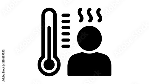 Icon of a person with fever, next to a thermometer showing elevated heat, symbolizing illness or health, isolated on