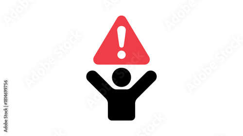 Black human figure holding a red warning triangle with an exclamation mark, symbolizing danger and alert, isolated on