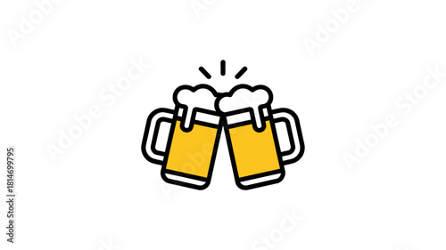 Cartoon illustration of two frothy beer mugs clinking in a toast, symbolizing celebration and good times, isolated on