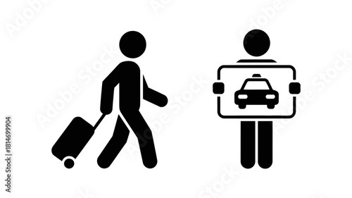 Stick figures depicting a traveler with luggage and a person holding a sign with a car icon, symbolizing airport pickup or taxi service
