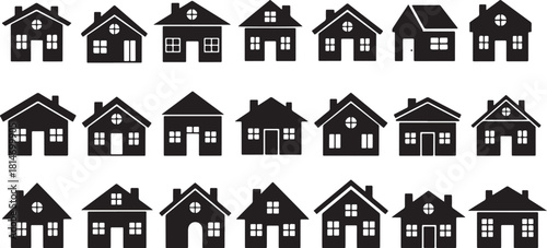 Collection of Black House Icons on White Background Keywords: house, home, building, icon