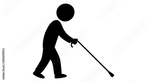 A simple black silhouette of an elderly person walking slowly with a cane, representing old age, mobility challenges, and assistance, isolated on