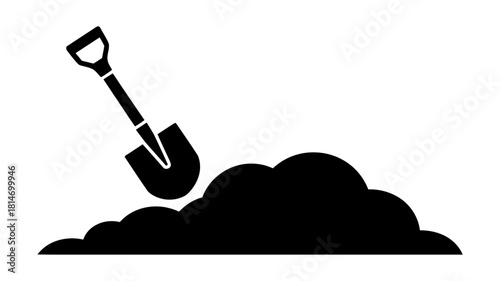 A black silhouette of a shovel digging into a mound of earth, symbolizing work, gardening, or construction, isolated on