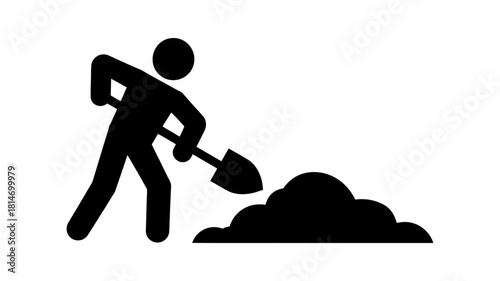 Silhouette icon of a person shoveling dirt, representing manual labor, construction, gardening, or excavation, isolated on