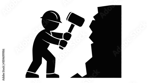 Worker silhouette in a hard hat striking a rock with a sledgehammer, symbolizing demolition, effort, and manual labor, isolated on
