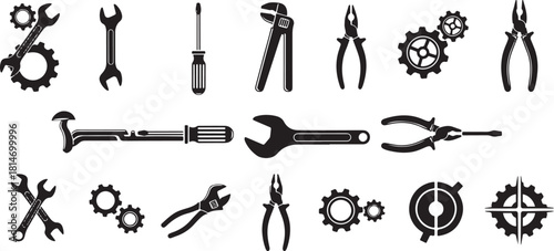 Collection of Black Silhouettes of Tools and Gears hardware wrench