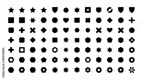 Black geometric shapes and abstract symbols set, featuring stars, circles, squares, hearts, crosses, shields, and polygons, isolated on white