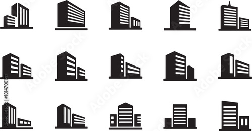 Collection of Fifteen Black and White Icons of Various Building Types Keywords: building, icon