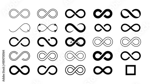 Collection of black infinity symbols in various styles, representing concepts of endlessness, eternity, and limitlessness, isolated on