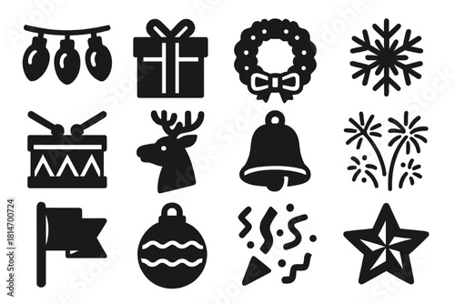 Festival Icons Collection. Holiday Street Festival silhouette icon set. Christmas lights, gift box, wreath, snowflake, parade drum, reindeer, bell, fireworks, flag, ornament