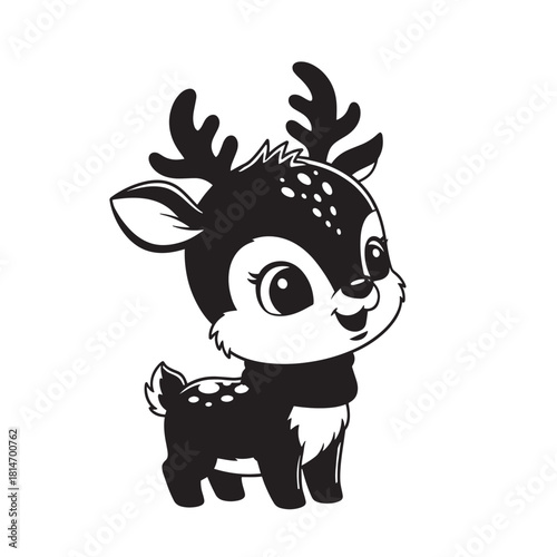 Charming black and white cartoon deer with large antlers, cute woodland mascot character design for children.