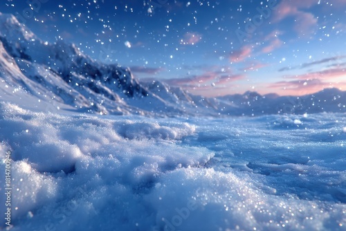 Snowy landscape under pink dusk sky, dreamy winter valley radiating calm and introspection, perfect for travel or mindfulness visuals