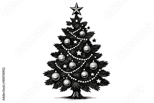 Festive Christmas Tree Vector. Classic black and white depiction of a Christmas tree adorned with ornaments, stars, and garlands. The tree stands tall and majestic,. Vector illustration