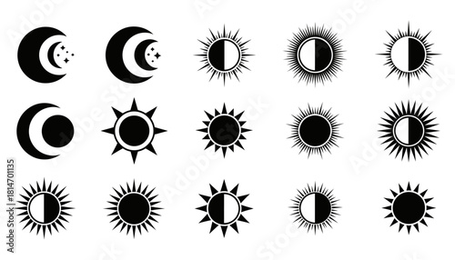 Celestial Icons - Sun and Moon Symbols in Black and White.