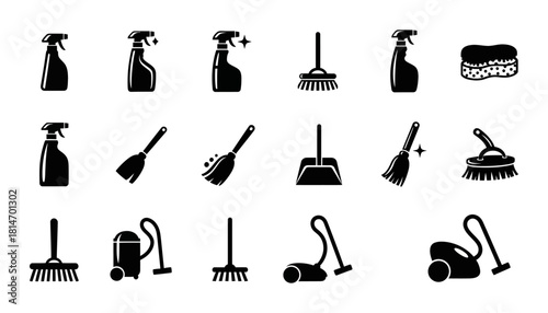 Cleaning Tools Silhouette Set - Sprays, Brooms, Vacuums for Home Care.