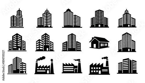 Collection of Black and White Building and Factory Icons.
