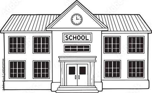 Hand-drawn black and white illustration of a school building with a clock education