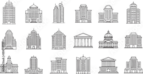 Diverse collection of building icons in black and white outline style architecture