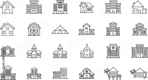 Outline Icons of Various Buildings and Structures on White Background line art house